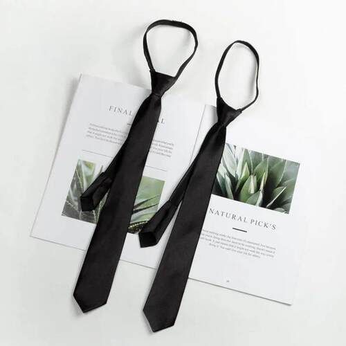 Black Unisex Zipper Ties Retro Silky Narrow Neck Tie Slim Sm