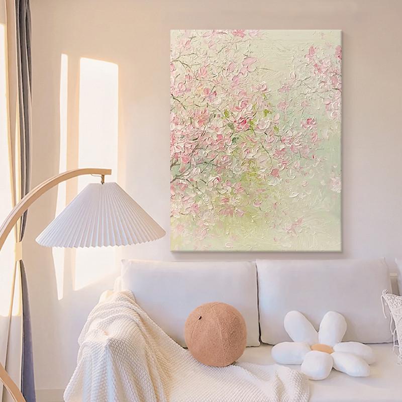 法式奶油风粉色桃花肌理手绘油画玄关挂画手工丙烯花卉客厅装饰画图片