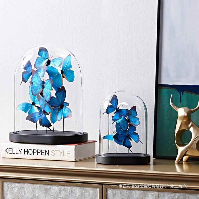 蓝色蝴蝶摆公件璃OWZ玻客罩厅橱柜软装司感小众工艺品家居装饰品