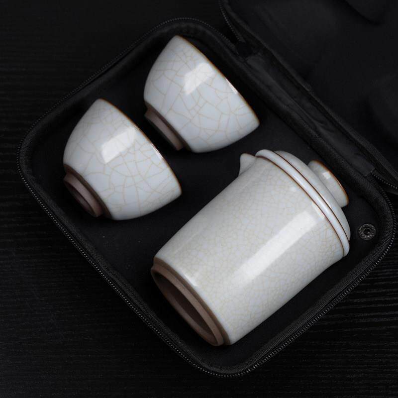 月白汝窑手抓壶一壶二杯可养开片旅行装可携式茶具一壶4杯快客杯