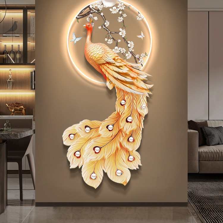 新中式孔雀玄关装饰画轻奢入户带led 灯发光壁画客厅走廊过道挂画图片
