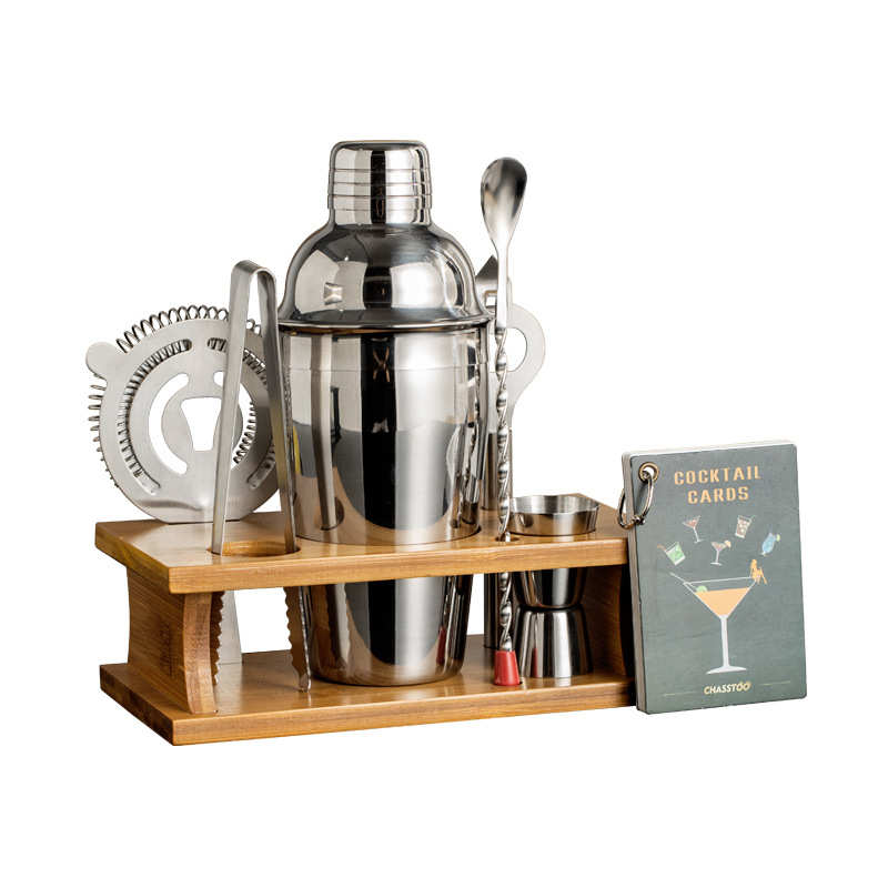雪克壶酒具套装酒吧不锈钢调酒器用具搭配竹制托盘底座