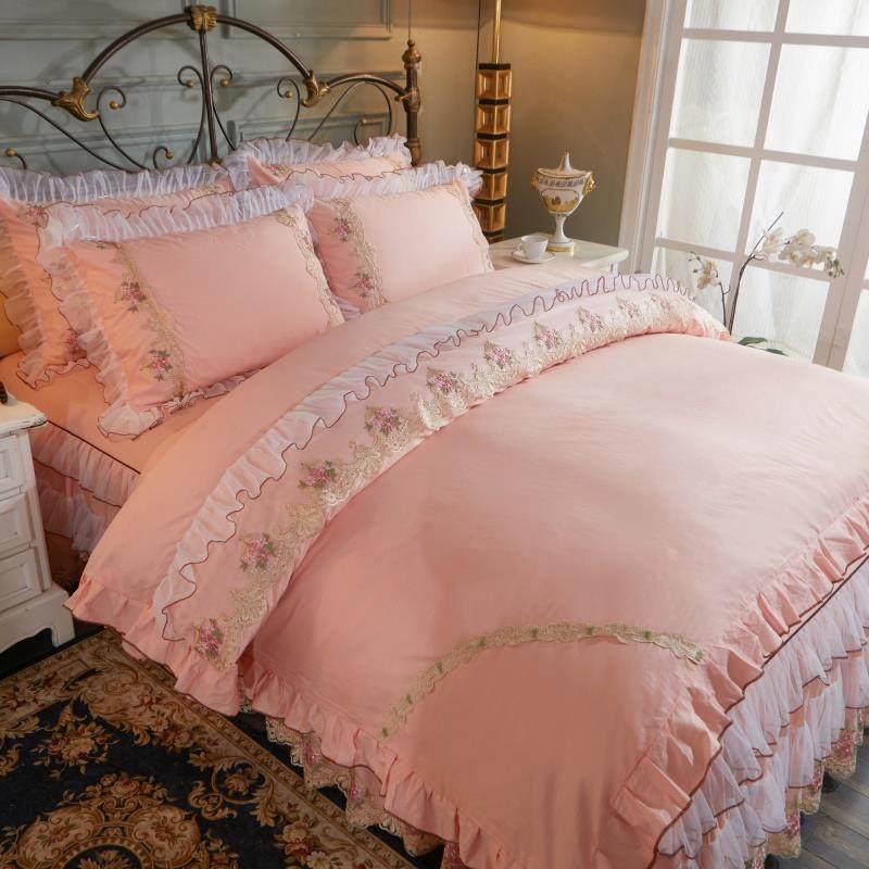 高档四件套欧式纯棉公风格粉色丝主被套床裙1.5m蕾/1.8高床上用档