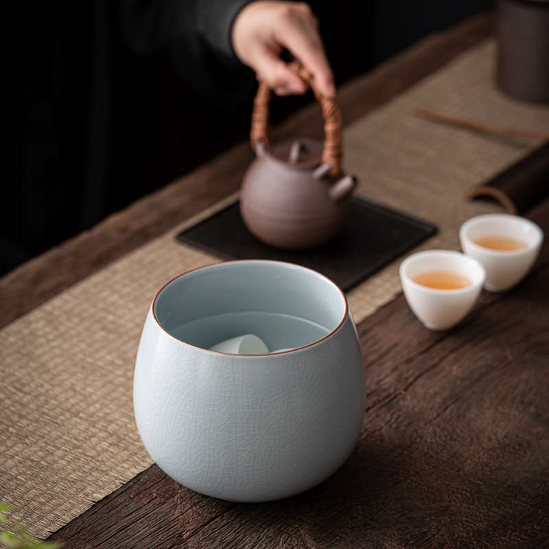 9WOR陶瓷汝窑水盂茶洗建水茶水缸哥窑茶桶家用复古功夫茶渣缸功夫