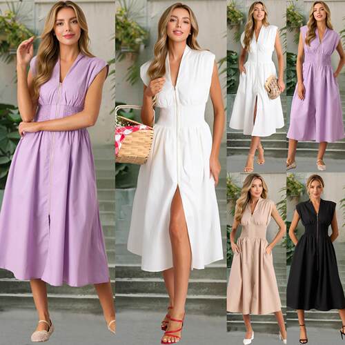 Women's Sleeveless Tank Mini Dress Casual Zip Front V Neck