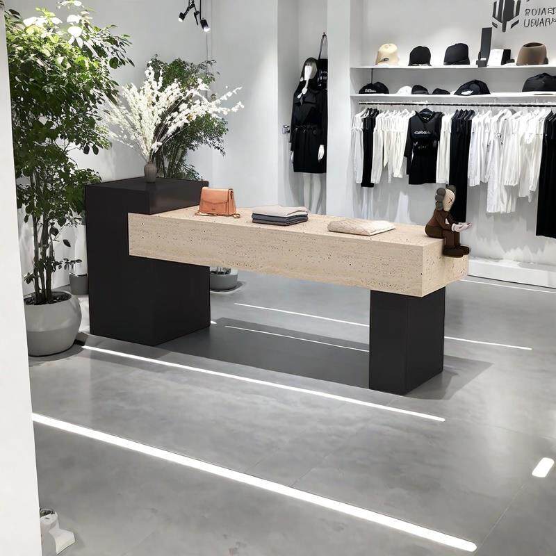 服装店中岛台展示桌鞋包店铺中间摆放流水台洞石纹陈列简约展示台