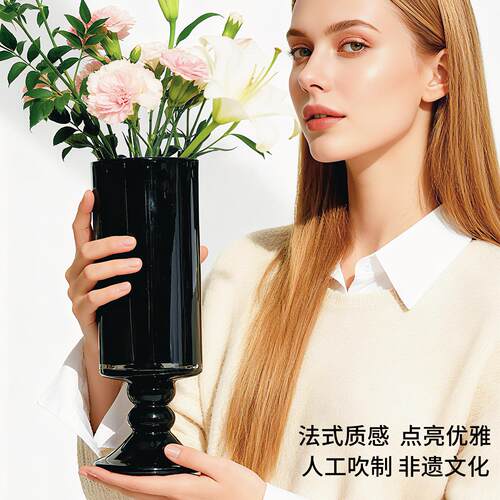 重工法式高级黑瓷色高纯脚中器古风复古花瓶纯手插花摆工黑瓷风灯