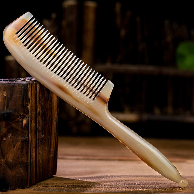 天然牦牛角梳子密齿细齿精点圆柄点穴梳男女家用防静电美发梳加厚