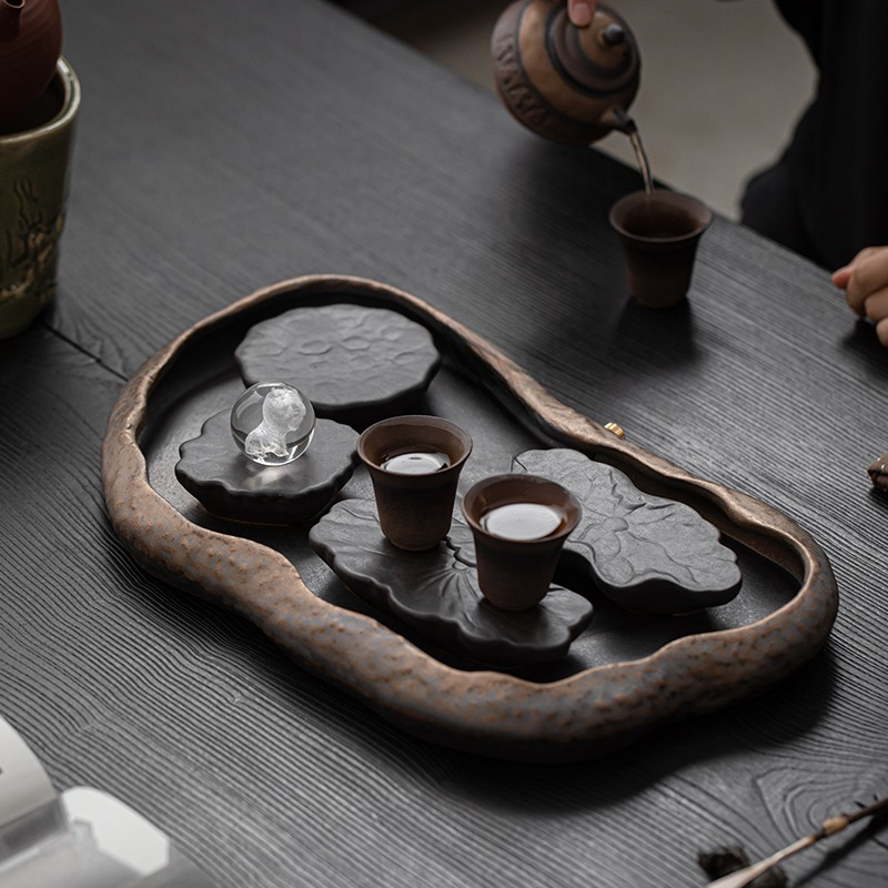 又左見右中式禪意粗陶鎏金茶盤壺承復(fù)古茶壺托盤儲(chǔ)水干泡臺(tái)茶臺(tái)