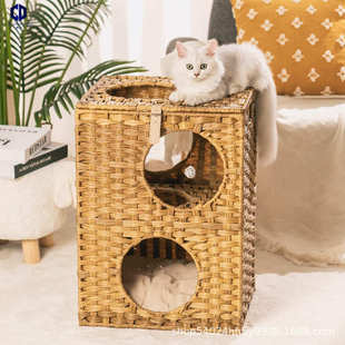 仿藤猫窝可水洗上下双层猫狗宠物窝家用带门藤制柳条手工编织猫屋