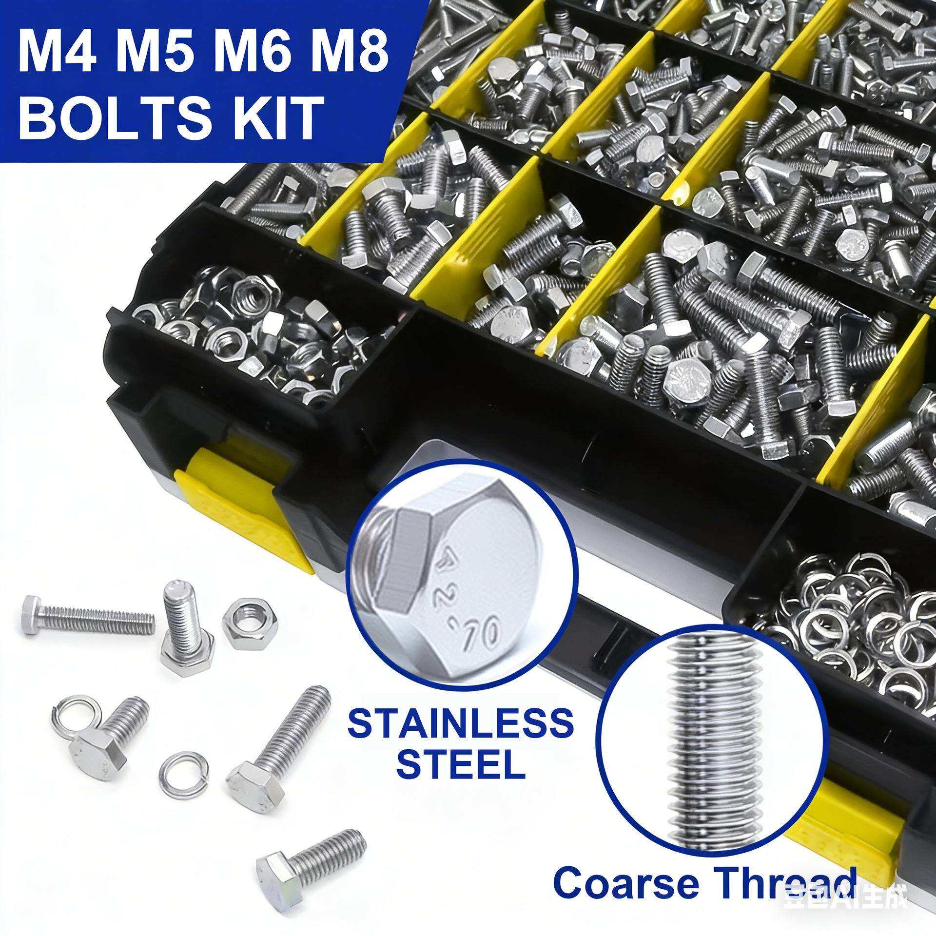 919Pcs 重型螺栓和螺母套件,不锈钢公制M4 M5 M6 M8,螺母螺栓垫圈