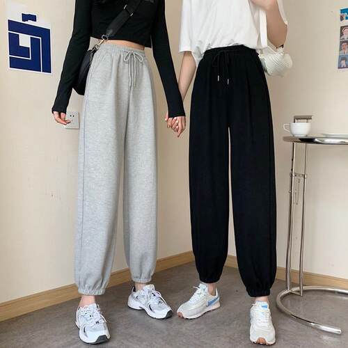 简遇luck品质女装秋季薄款松紧腰宽松运动裤女大码束脚纯色哈伦裤