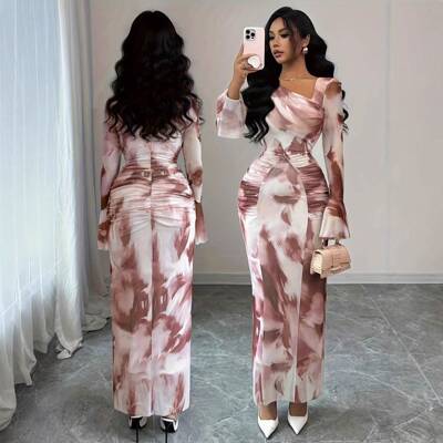 Women'S French Vintage Tie-Dye Print Mesh Ruched Flare