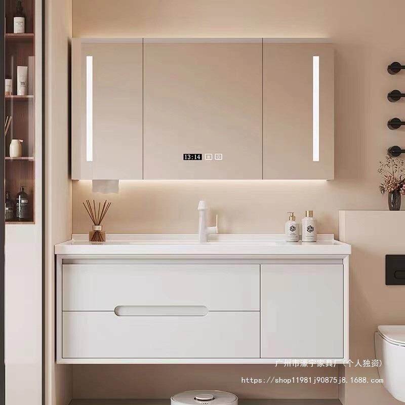 家用简约新款橡木浴室柜奶油白陶瓷一体法式浴室柜组合卫生间洗脸