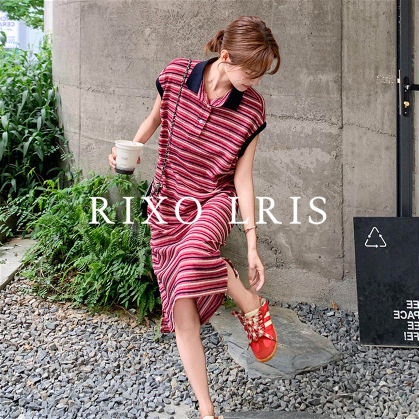 RIXO LRIS法式红色条纹polo领连衣裙女夏季新款休闲减龄短袖t恤裙