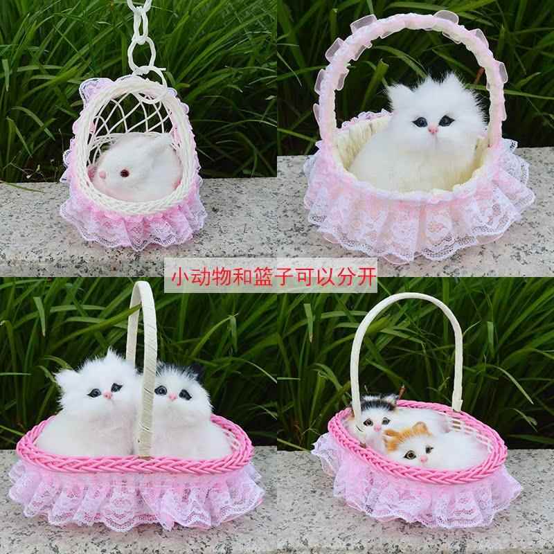 仿真花篮猫咪会叫仿真猫咪仿皮毛摆件新款花边提篮猫儿童玩具