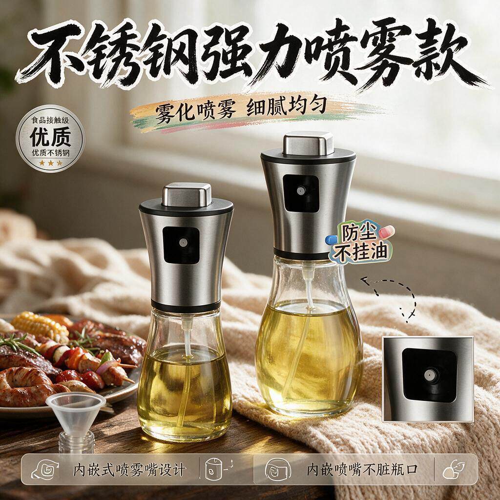 厨房喷油壶不锈钢按压式烧烤喷雾油瓶橄榄油酱油套装雾化控油瓶