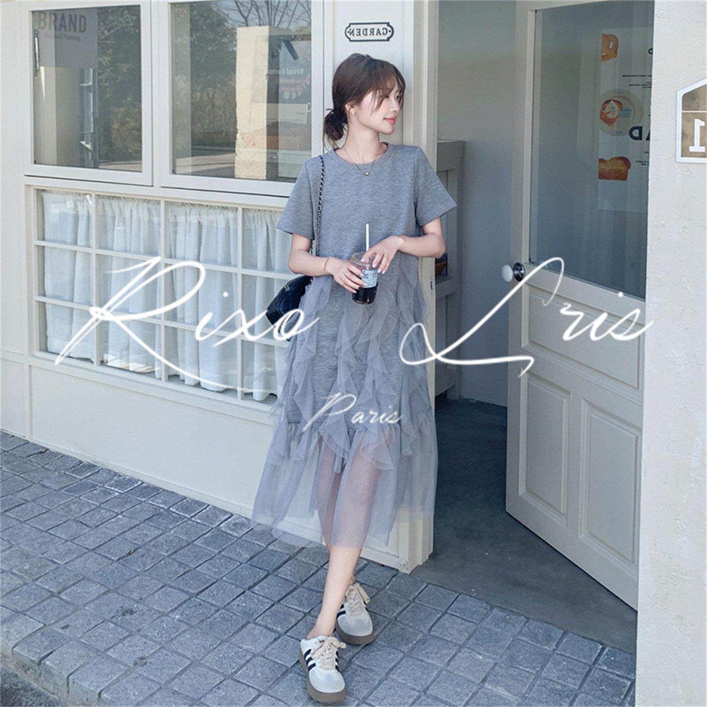 RIXO LRIS法式灰色设计感网纱拼接连衣裙女夏慵懒风宽松休闲T恤裙