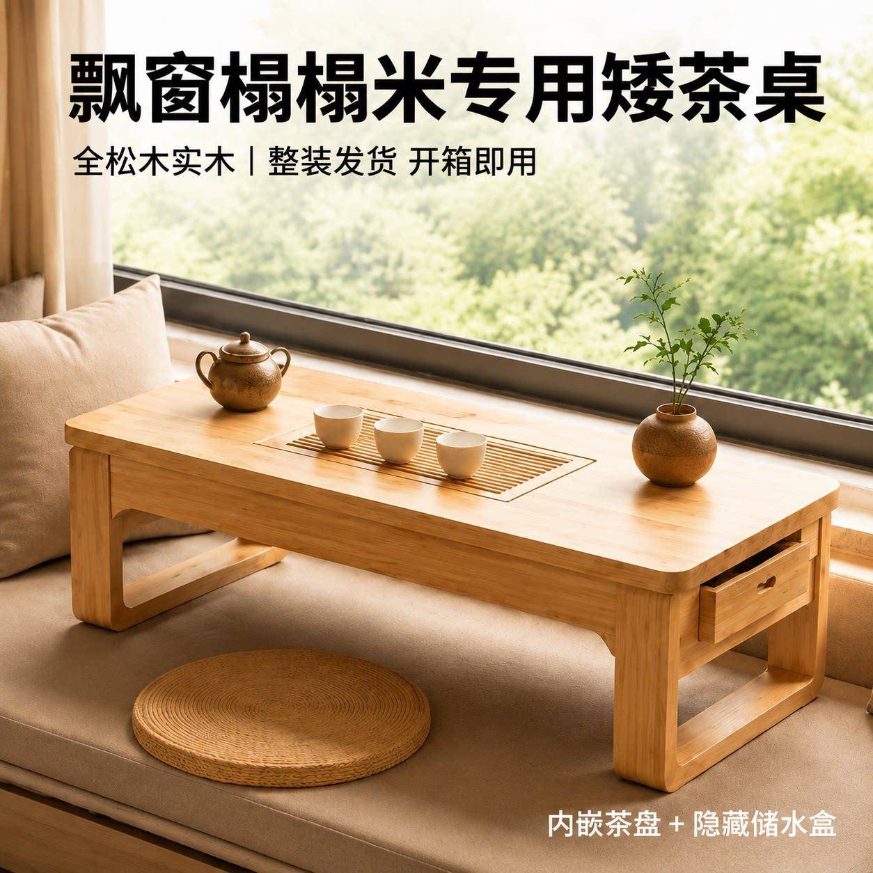 全实木飘窗茶桌榻榻米矮茶桌内嵌茶盘家用客厅阳台小户型炕桌茶几