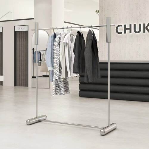 服装店展示架奶白色落地陈列架中岛架挂衣杆男女装简约不锈钢货架