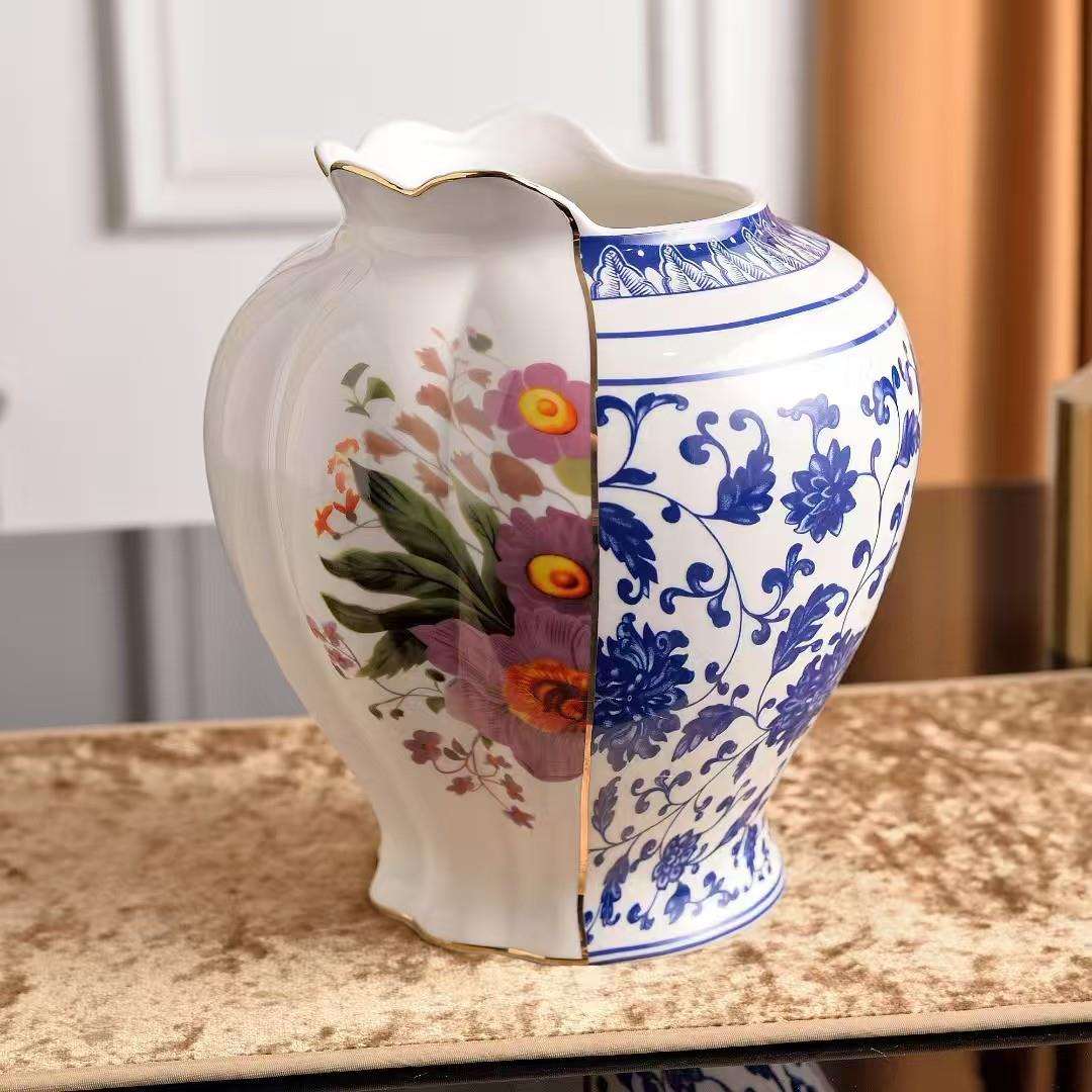 意大利中西合璧陶瓷花瓶玄关客厅摆件插花落地花盆陶瓷装饰中式