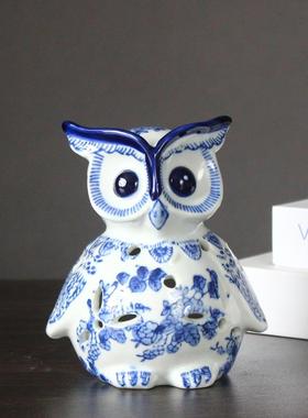 正品景德镇陶青财花瓷瓷工艺品家居摆设猫头鹰件办公摆室桌面招乔