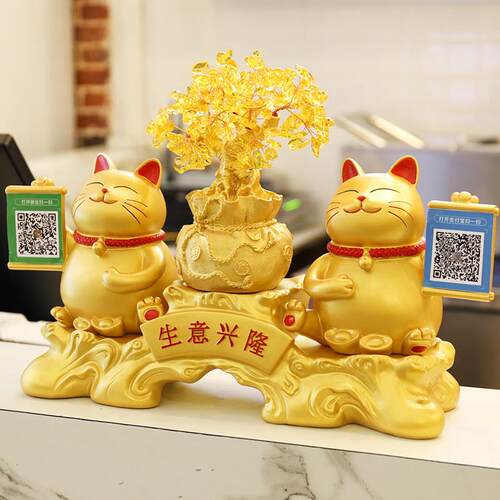 金色招财猫收银柜台前台二维码收款码摆件多功能店铺装饰开 业送