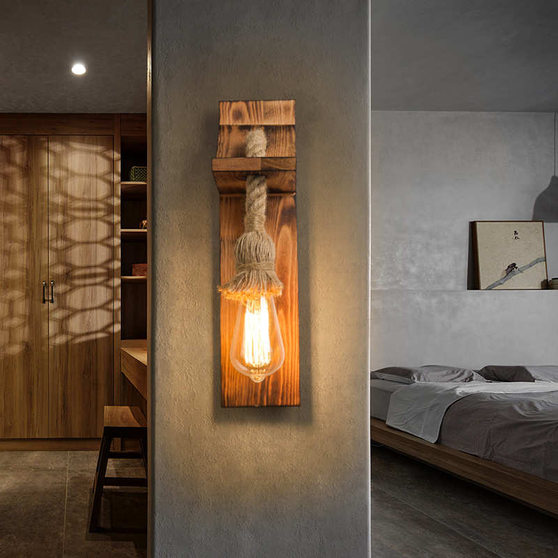 美式复古木艺麻绳壁灯餐厅咖啡店吧台灯工业风过道走廊创意装饰灯