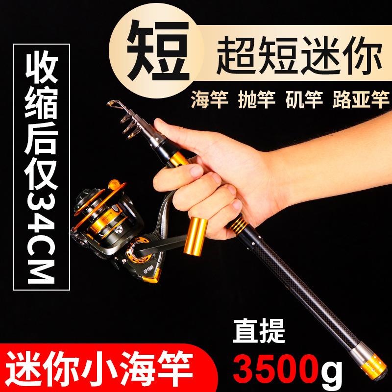 新款直销迷你碳素小海竿超轻超硬金属轮座渔具套装便携伸缩远投竿