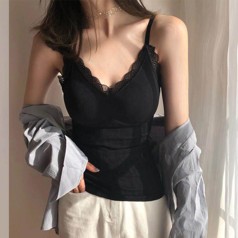 蕾丝花边V领小吊带背心女外穿早春文胸一体西装内搭打底美背上衣