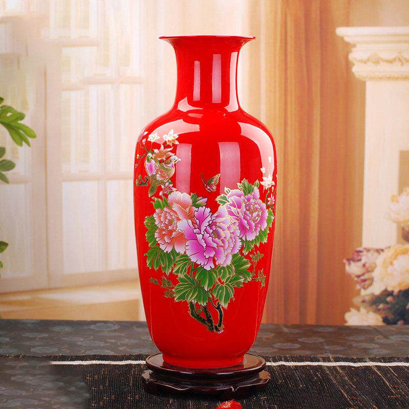 景德镇中国红牡丹陶瓷花瓶摆件 客厅卧室喜庆结婚乔迁送礼大号285