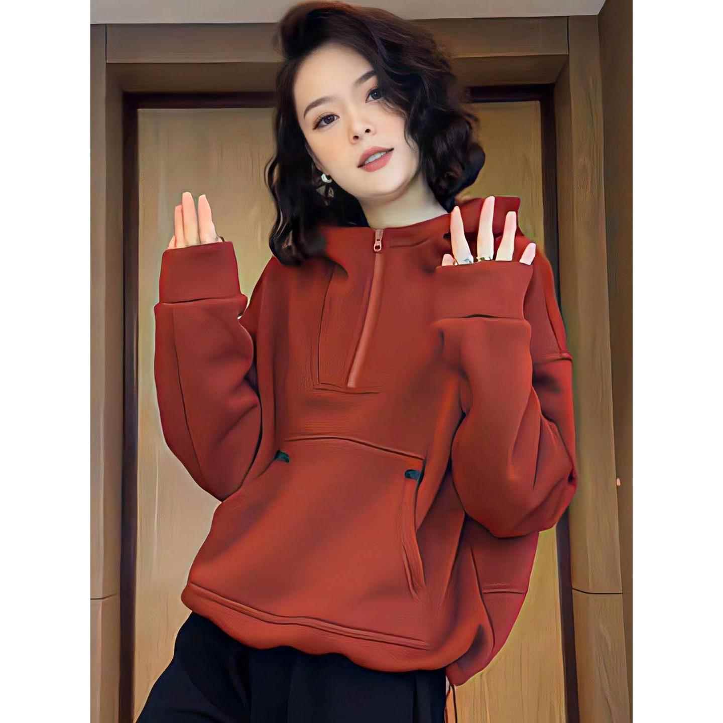 潮牌欧货时尚半拉炼连帽卫衣女2025春秋新款设计百搭宽松套头上衣