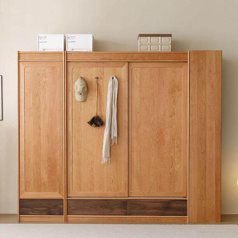 北欧实木推拉移门衣柜樱桃木卧室组合衣橱简约收纳橡木储物柜