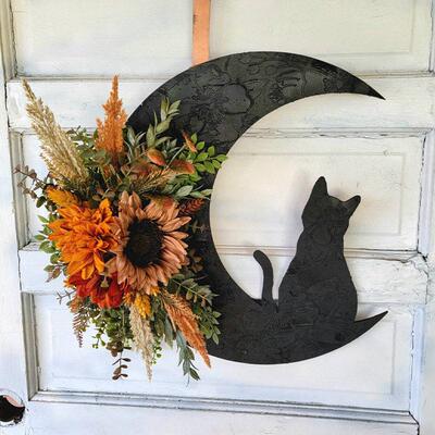 Halloween Moon Cat wreath door hanging decorations猫咪花环