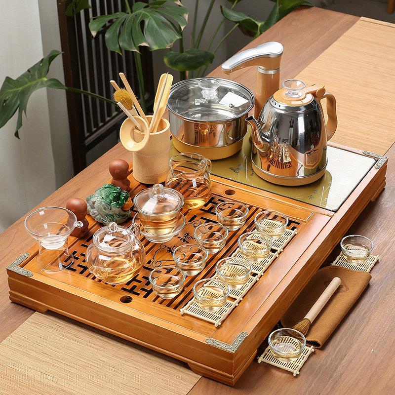 家用茶盘套装带全自动快煮壶陶瓷紫砂玻璃茶具整套实木一体茶水台