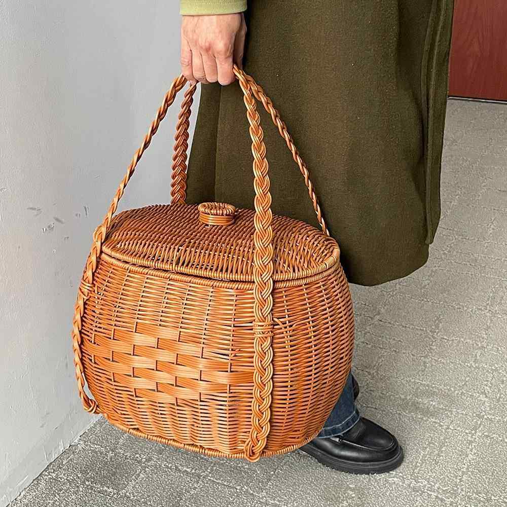 手编工pp仿复古风织藤艺收藤纳篮20240222手提收纳筐野餐篮