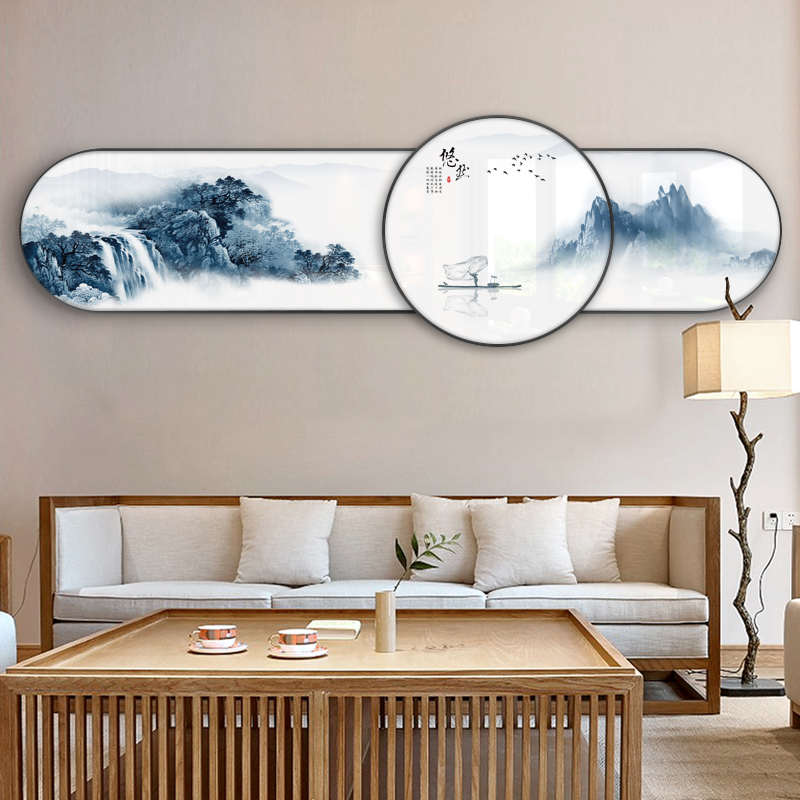 新中式禅意山水风景圆形双层叠加装饰画客厅书房茶楼卧室床头挂画