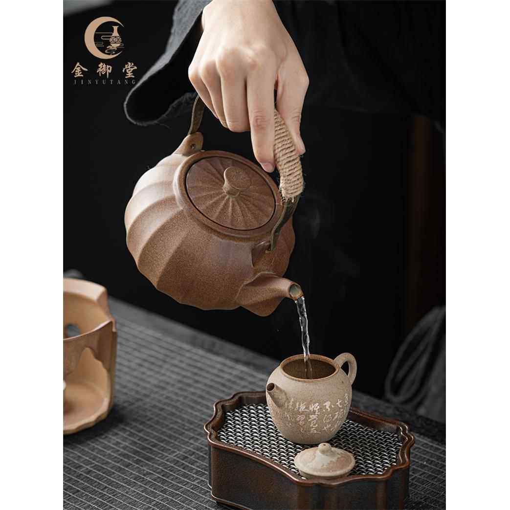 柴烧围炉煮茶壶温茶提梁侧把壶复古手提粗陶简约茶具水壶中式泡茶