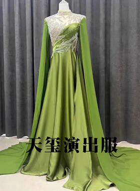 绿色晚礼服女舞台主持人音乐会民歌独唱表演出服古筝琵琶艺考长裙