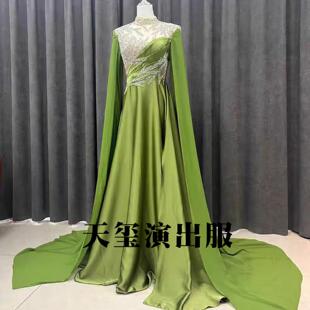 绿色晚礼服女舞台主持人音乐会民歌独唱表演出服古筝琵琶艺考长裙