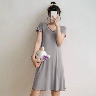 宽松纯色薄款睡裙可外穿女士夏季莫代尔带胸垫一体式短袖家居服