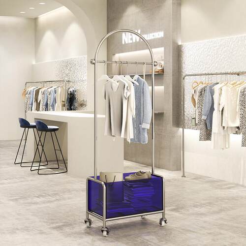 服装店展示架女装店中岛架挂衣杆带轮子落地式亚克力置物陈列货架