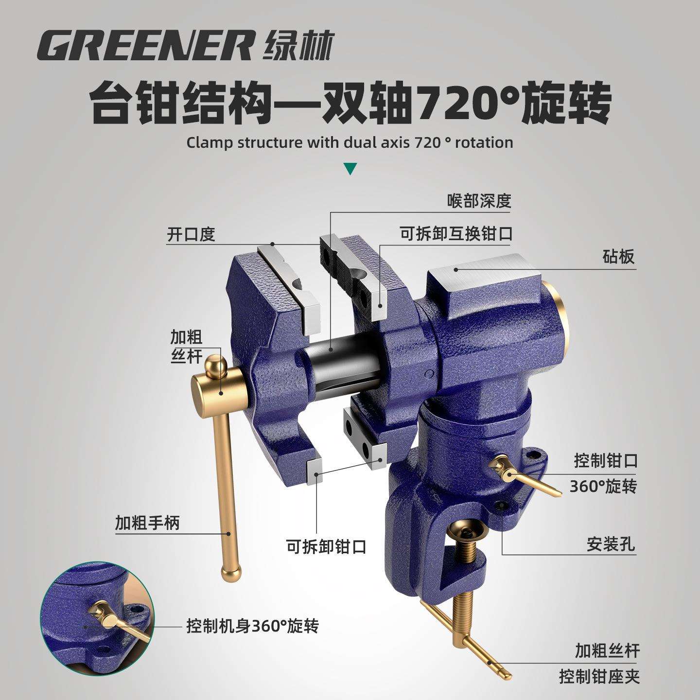 绿林精密台钳双钳口工业级旋转万向多功能平口桌钳小型台虎钳木工