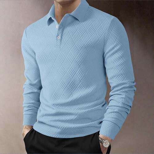 Men's Casual Plain-Weave Textured Long-Sleeved Polo Shirt