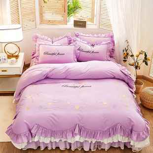 高档公风床上四件套棉纯棉荷叶边被套裙主1.8m床全床ins少女心网