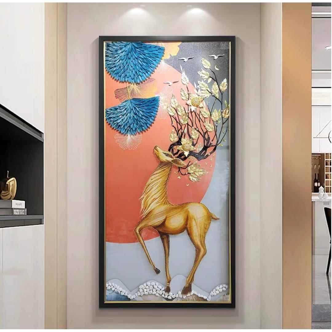 客厅入户玄关装饰画现代简约实物麋鹿立体画走廊壁画3d手工高档画
