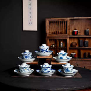 家用陶瓷茶具描金防烫茶碗 复古青花瓷三才盖碗釉中彩泡茶器中式