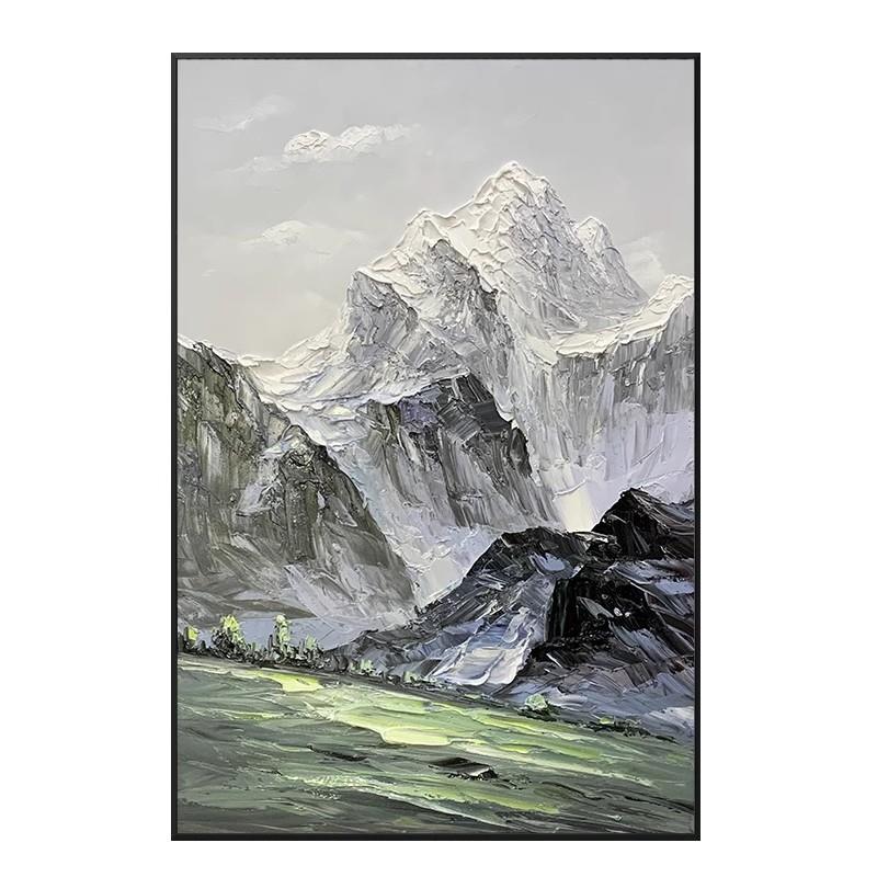 手绘油画入户玄关山水装饰画办公室简约抽象挂画中式雪山竖版壁画
