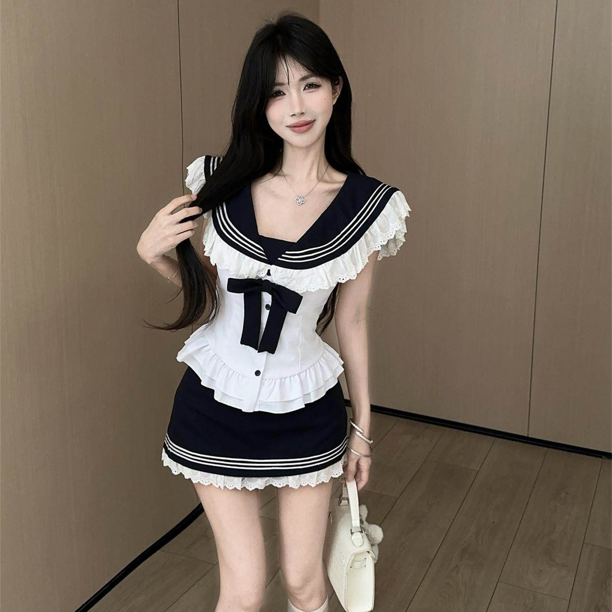 夏季新学院风蝴蝶结海军领无袖衬衫Jk套装盖臀短裙制服两件套