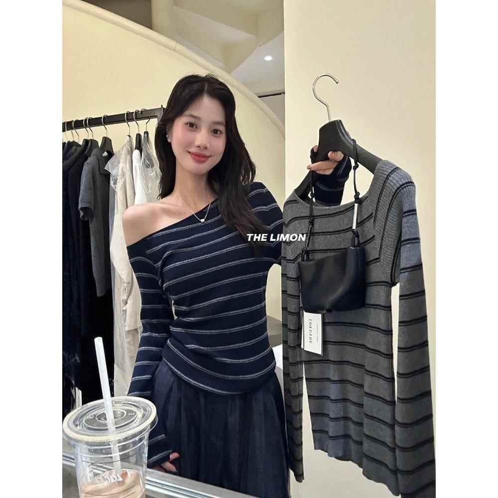韩国春秋穿搭慵懒风简约斜肩设计感条纹打底针织衫女chic别致上衣
